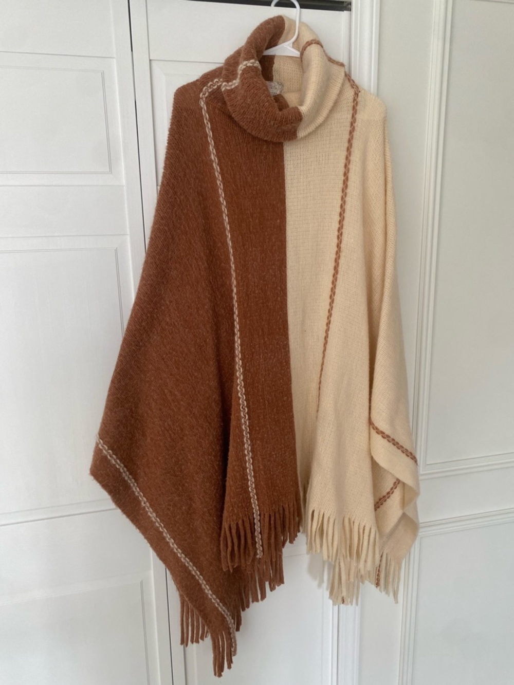 Free People Two-Tone Brown and Cream Turtleneck Fringe Poncho